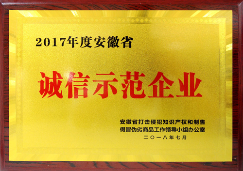 YY易游体育网址荣获2017年度“安徽省诚信示范企业”称号